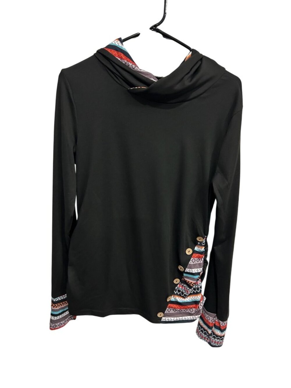 Womens Black Long Sleeve Hooded Top Colorful Pattern Button Size M Gorpcore Boho